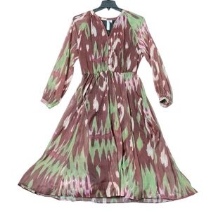 Grace + Karma Ikat Print Maxi Dress Women's L Burgundy Green Long Sleeve NWT